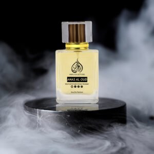 Fragrance Notes for Oud Lovers | Luxury Anas Al Oud perfume bottle showcased on a black marble pedestal with a smoky background
