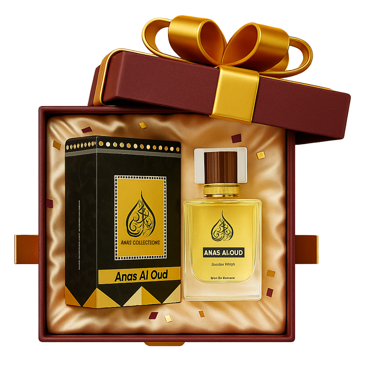 Premium Anas Al Oud fragrance gift box with luxury packaging and gold ribbon.