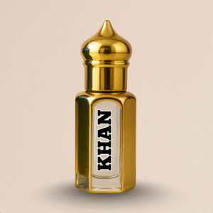 Front-facing view of KHAN gold designer perfume bottle for Anas Collection.